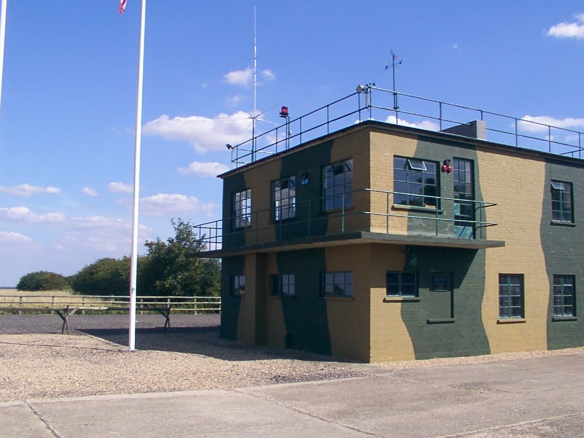 The restored control tower at the former RAF Twinwood Farm airfield.