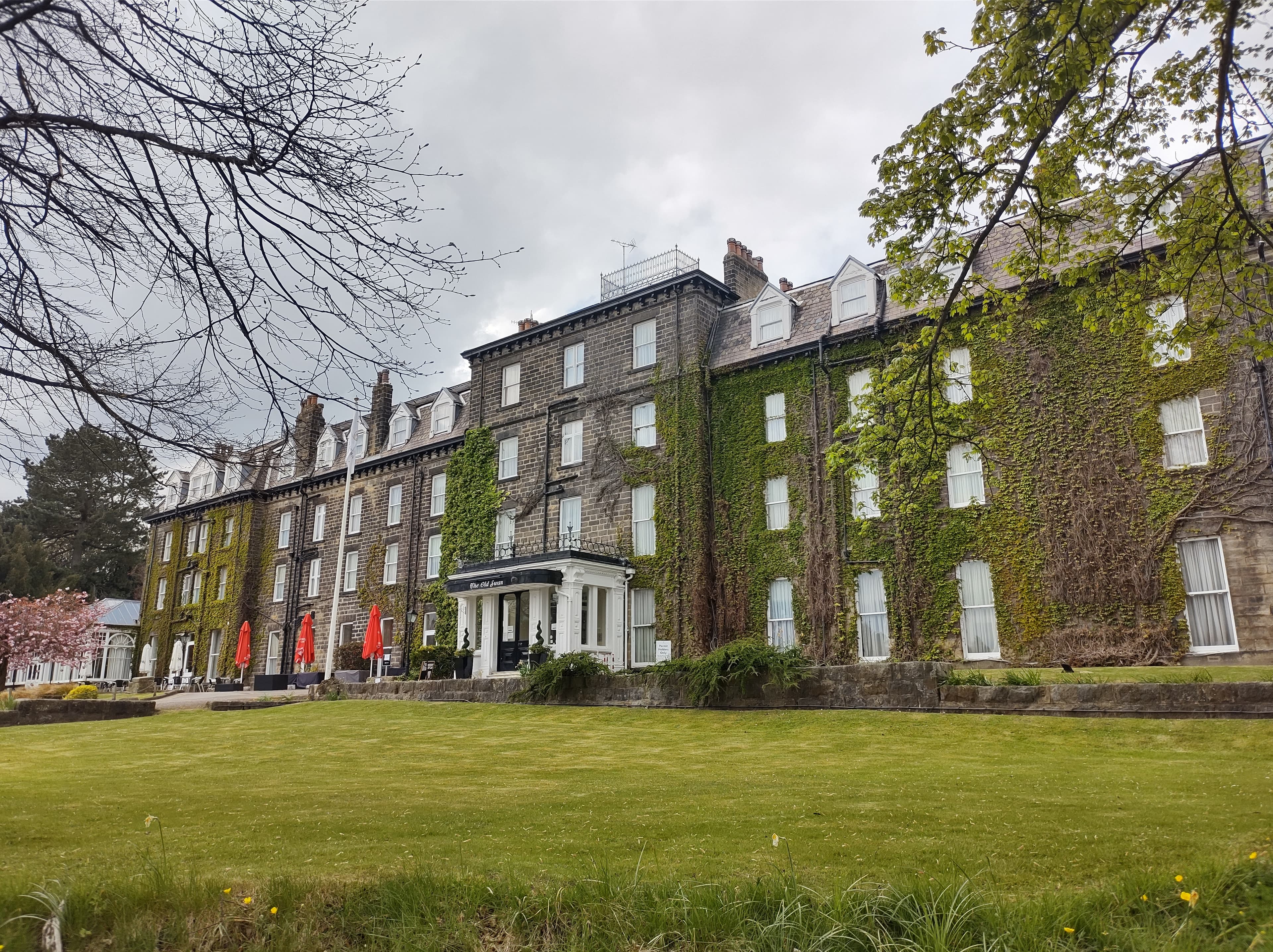 The entrance and lawn of the Old Swan Hotel in Harrogate, photographed in 2021.