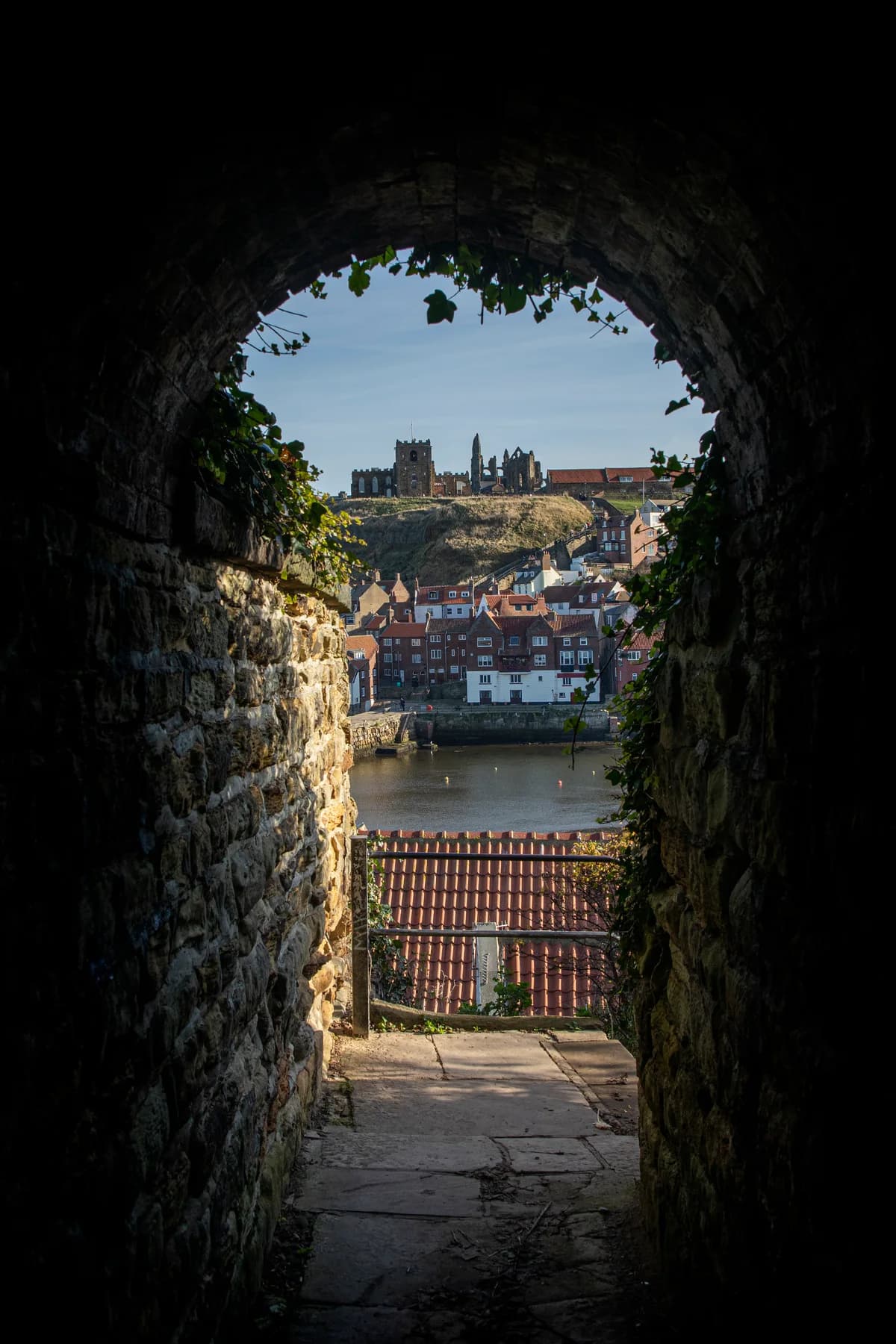 Whitby Abbey, St Mary’s Church and the 199 Steps seen across Whitby.
