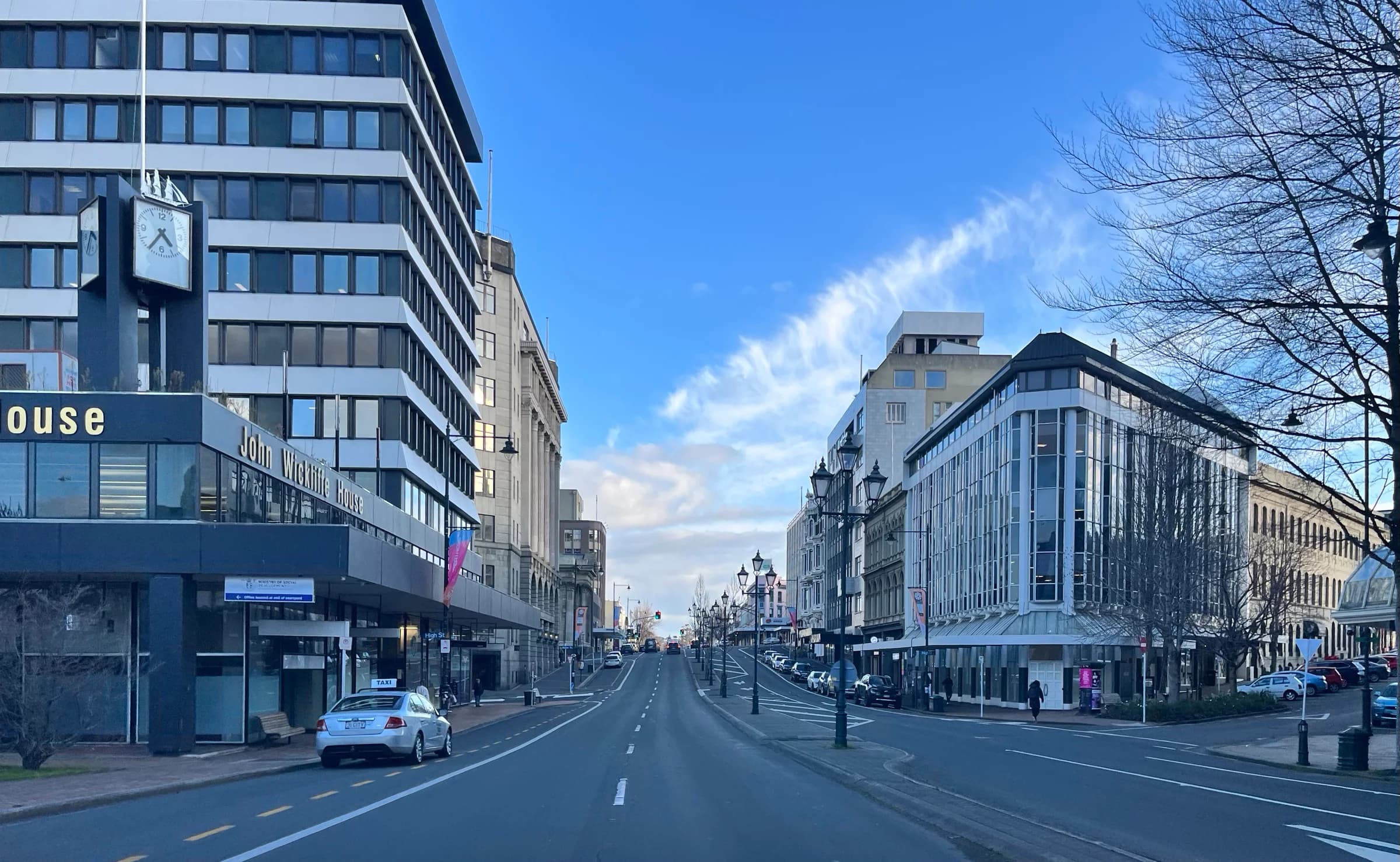 Princes Street beside Queens Gardens, Dunedin, 2023; before the Netflix production.
