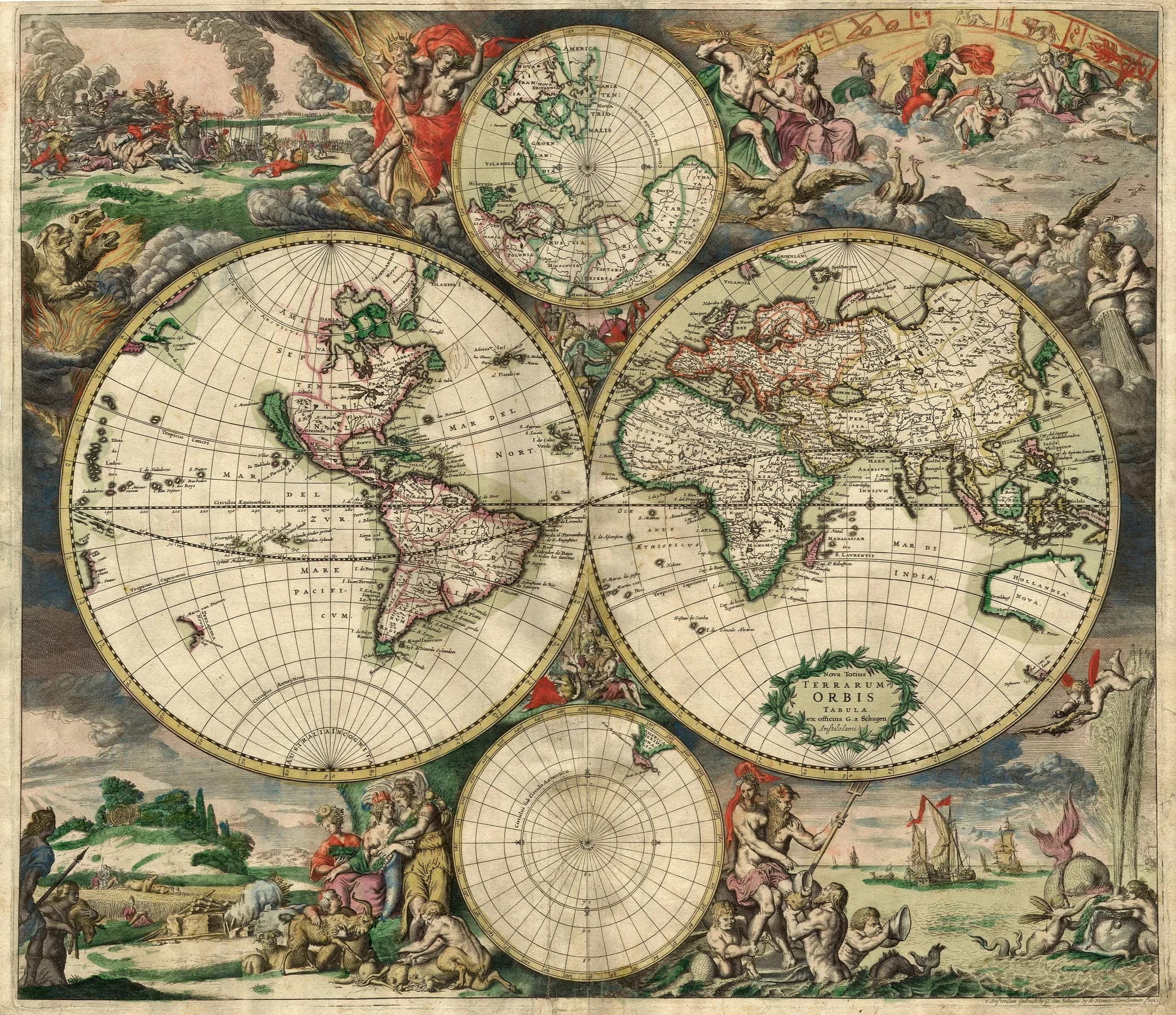 World map - Produced in Amsterdam First edition : 1689. Original size : 48.3 x 56.0 cm. Produced using copper engraving. Extremely rare set of maps, only known in one other example in the Amsterdam University. No copies in American librarie