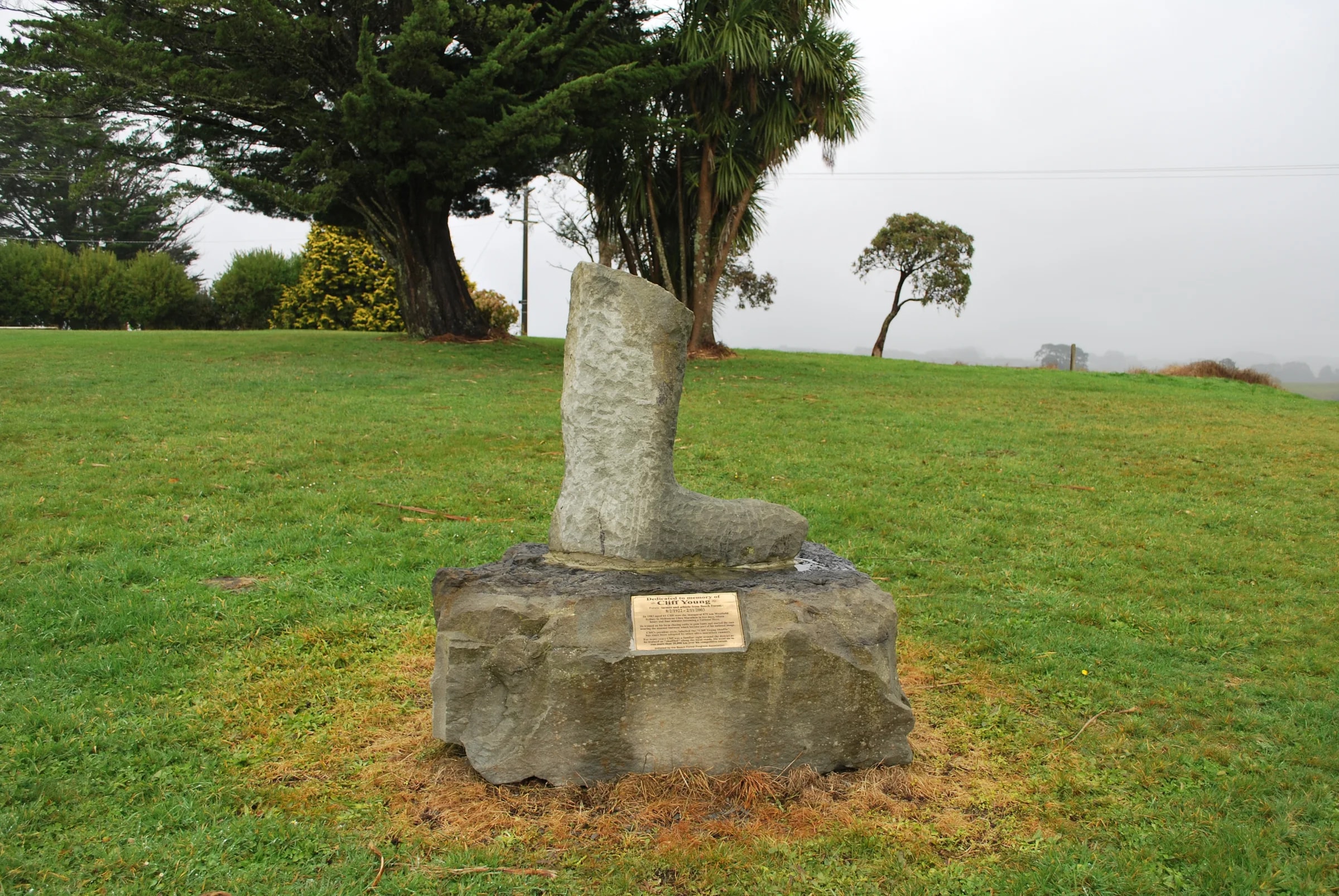 Memorial in the form of a big gumboot for Cliff Young at Beech Forest, Victoria