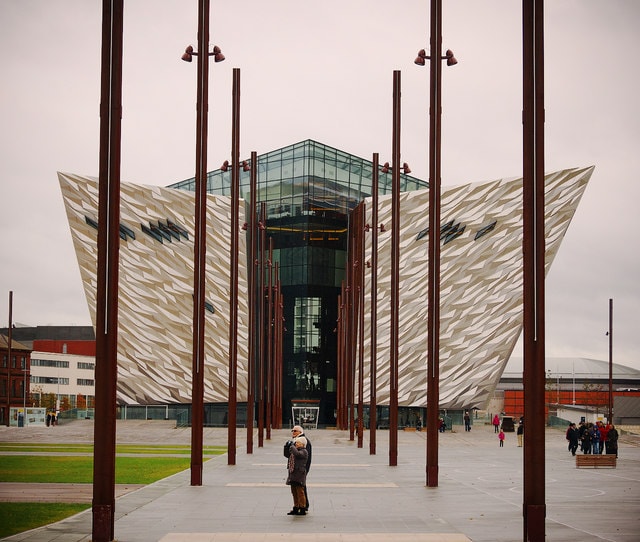 Titanic Belfast museum beside the historic shipyard slipways