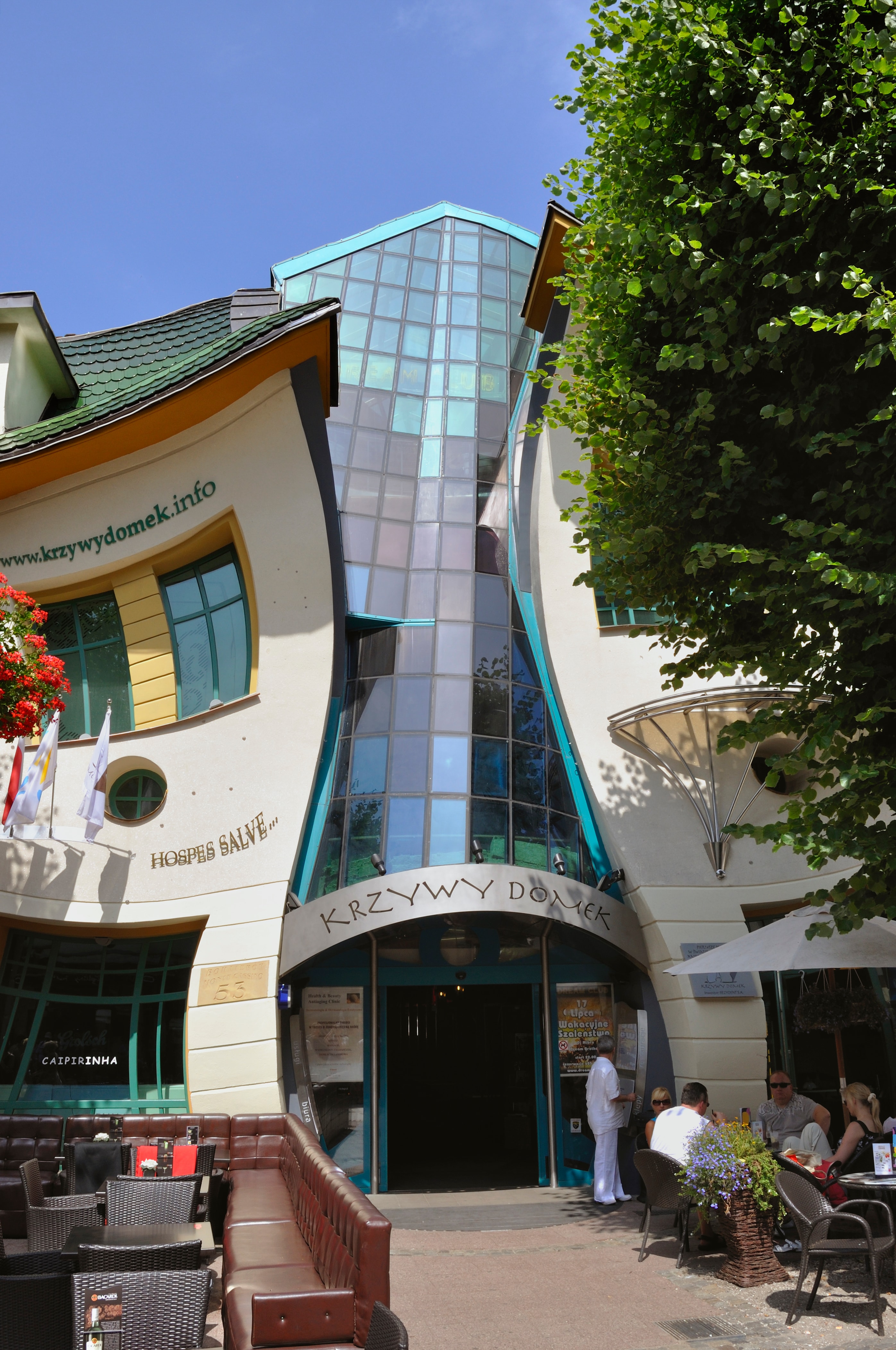 The curved facade of Krzywy Domek in Sopot, photographed in July 2010.